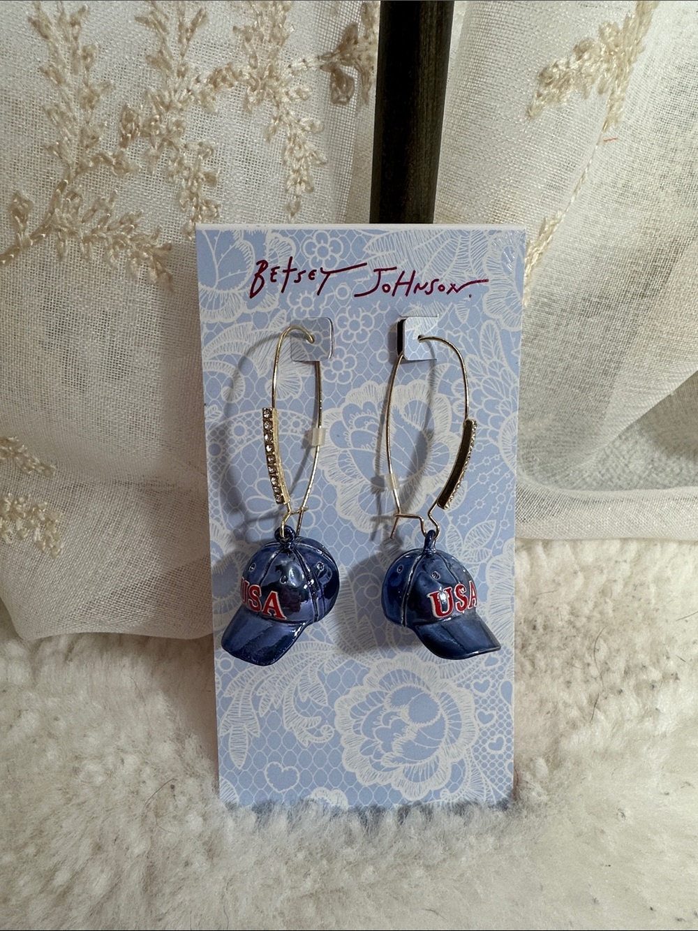 Betsey Johnson USA baseball cap hoop earrings